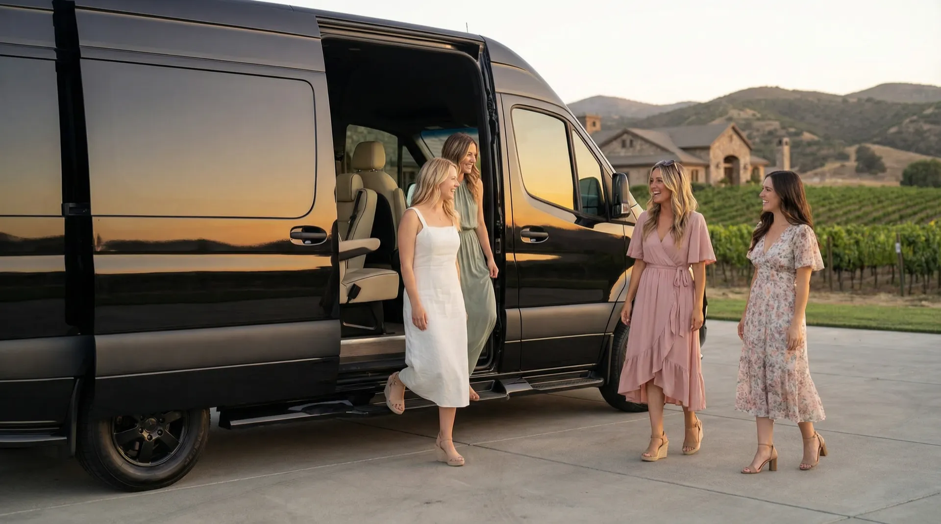 Friends enjoying golden hour at a Temecula vineyard during a private wine tour
