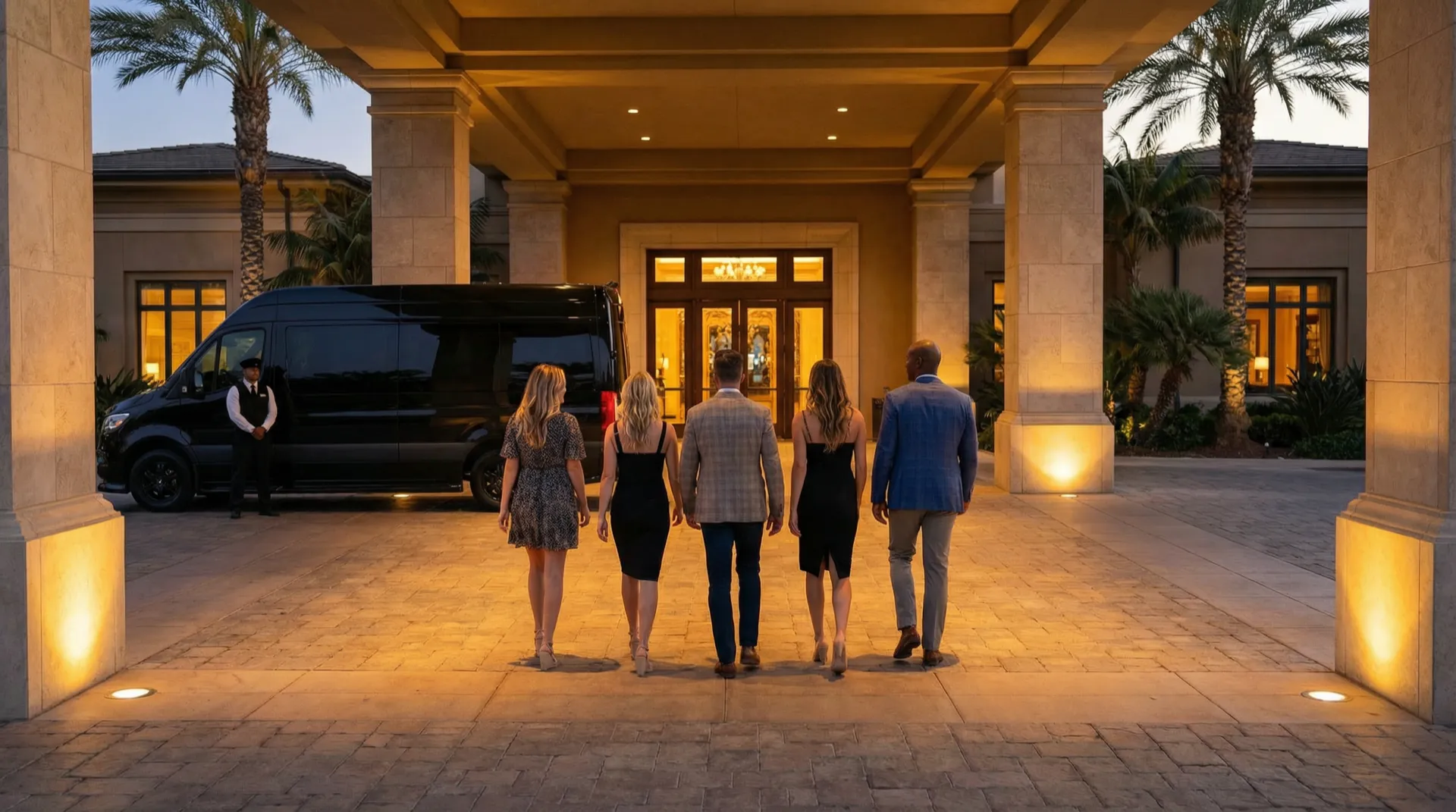 Group of guests arriving at a luxury Temecula hotel with the Cellar and Sky Sprinter