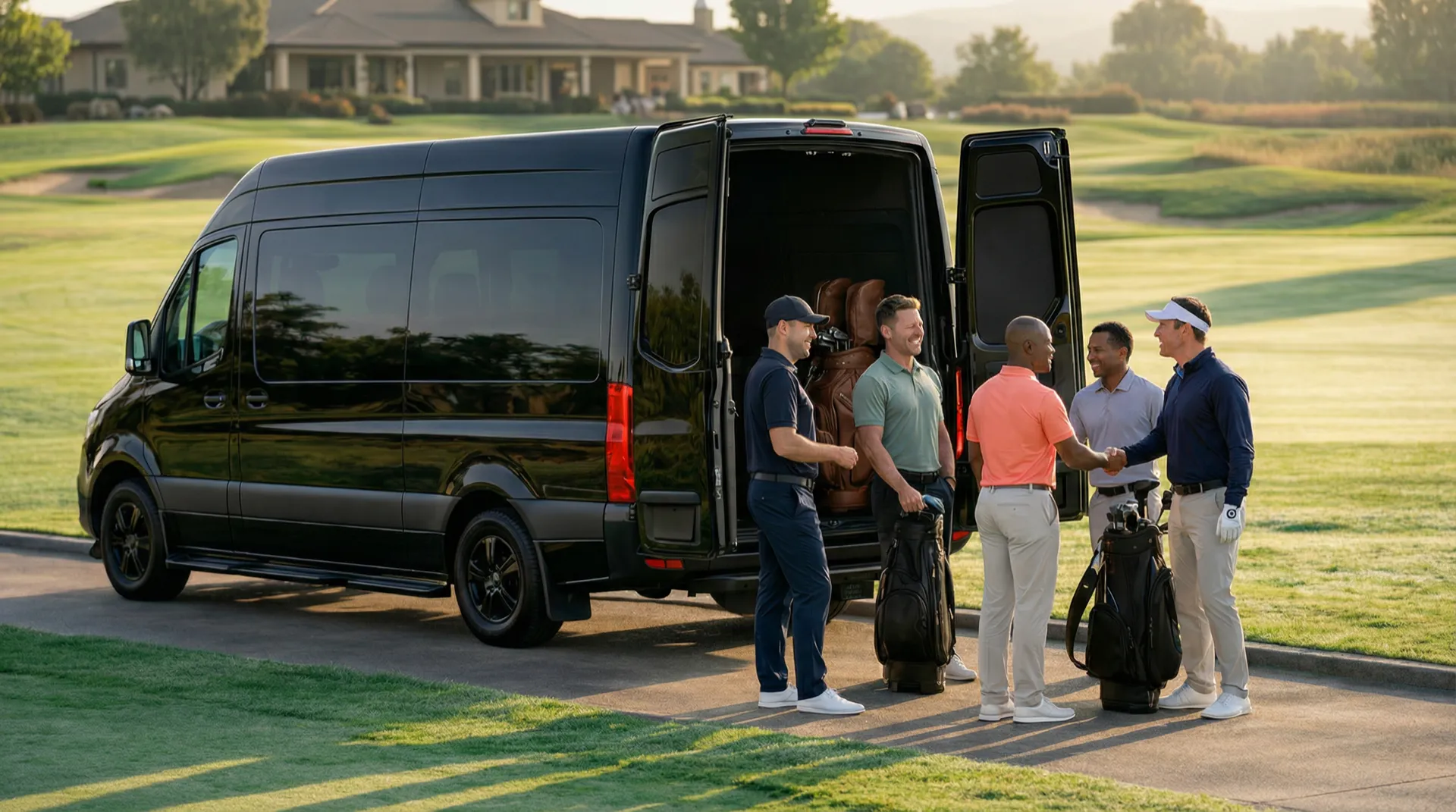 Corporate group by black Sprinter van at golf course