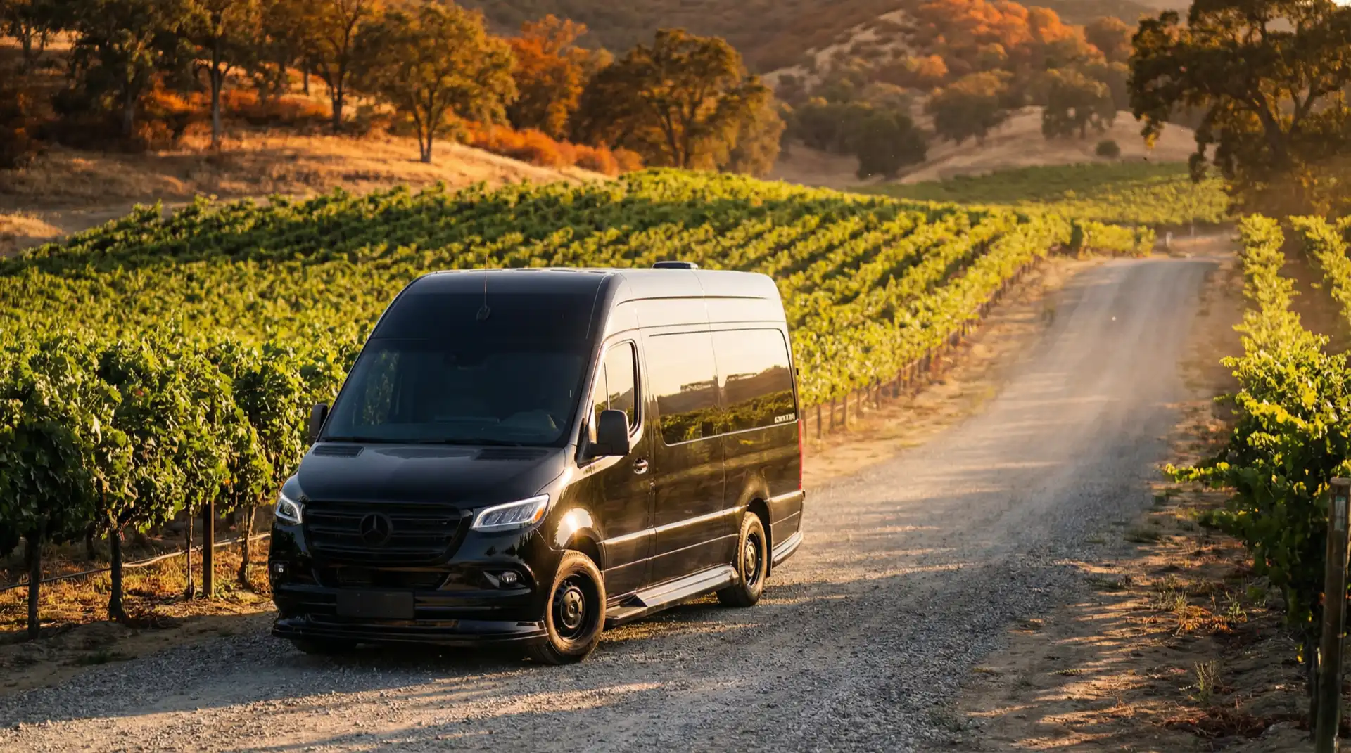 Mercedes Sprinter driving through Temecula wine country vineyards at sunset