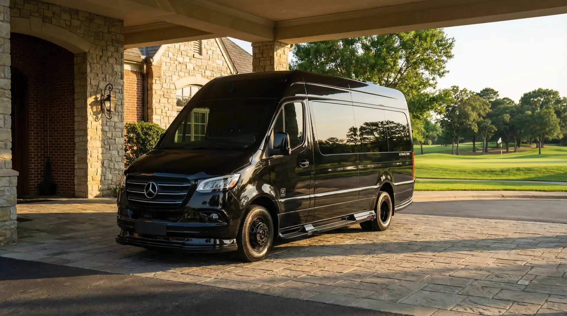 Black Mercedes Sprinter van parked at a Temecula vineyard estate at golden hour