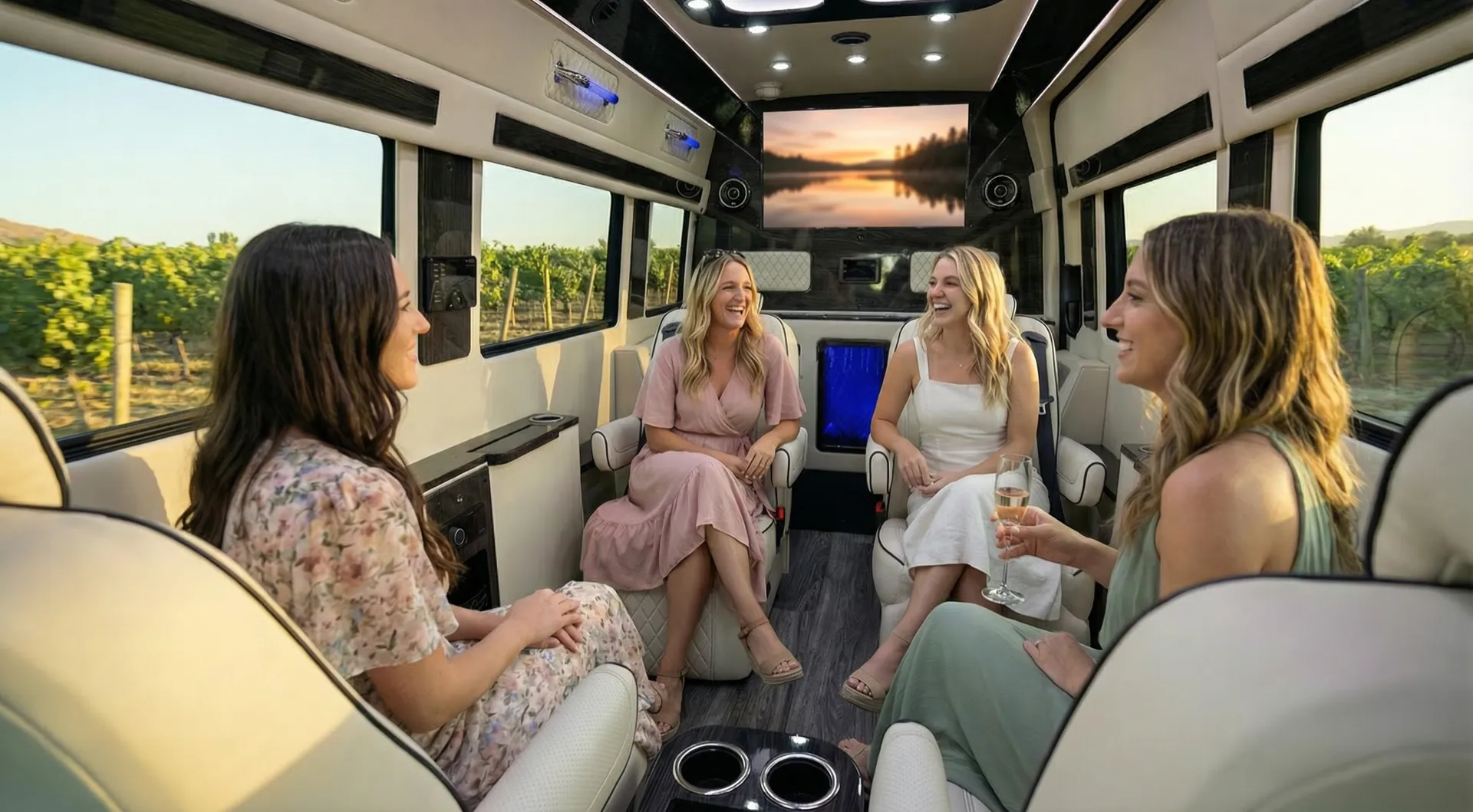 Four women seated inside the luxury Sprinter enjoying wine country views through the panoramic windows