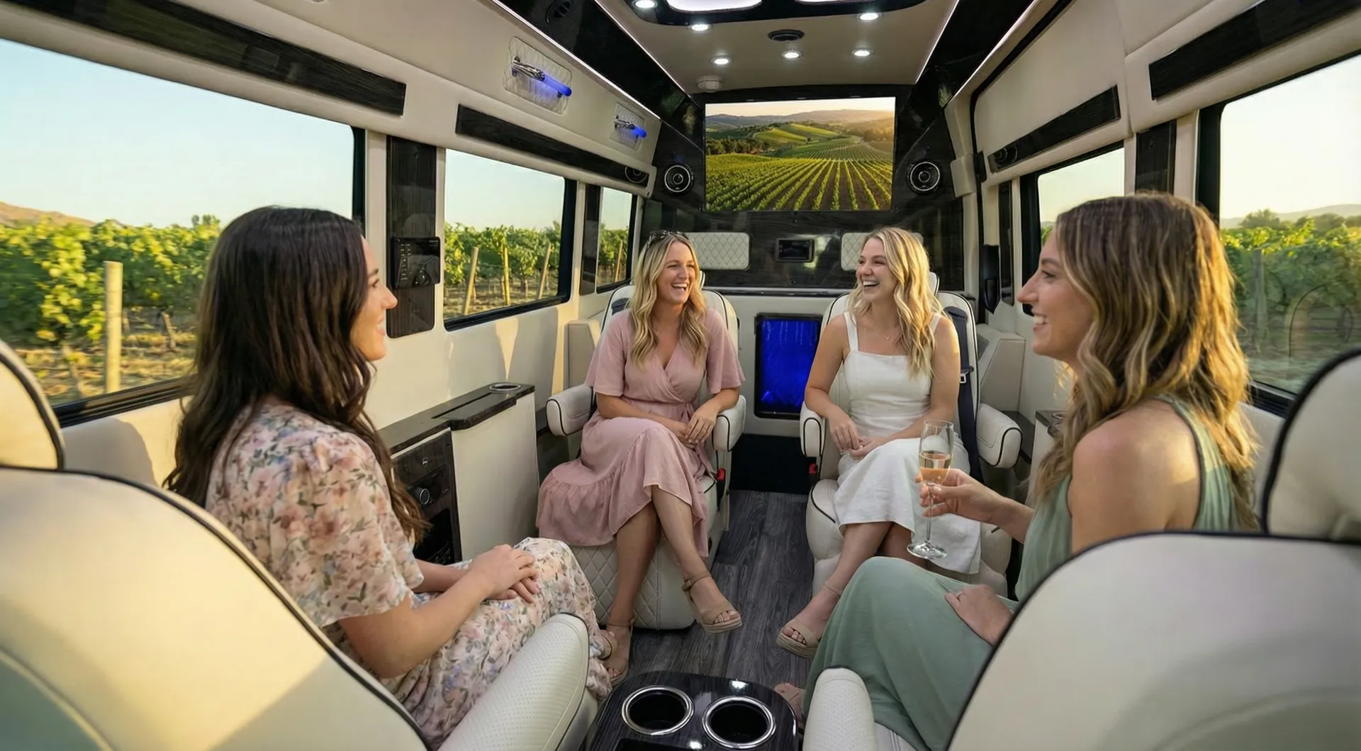 Luxury Sprinter interior with guests enjoying the ride