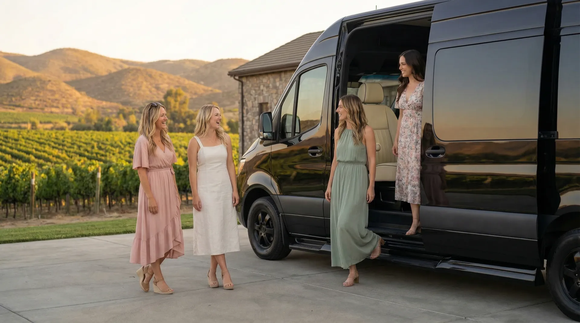 Four women in elegant dresses stepping out of the luxury Sprinter van at a Temecula winery